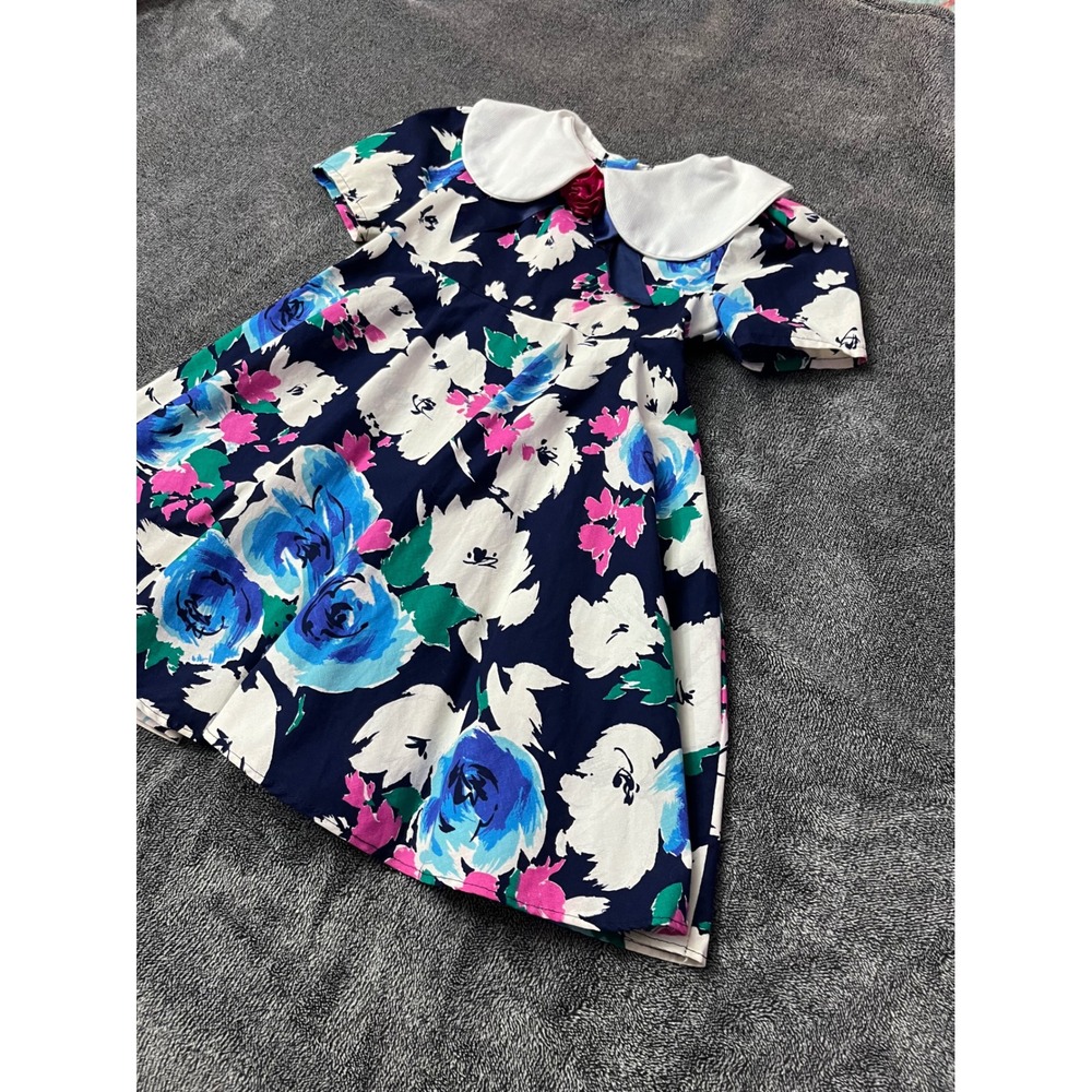 Vintage Roget Ltd Girls Navy Blue Floral Peter Pan Collar Dress Size‎ 6